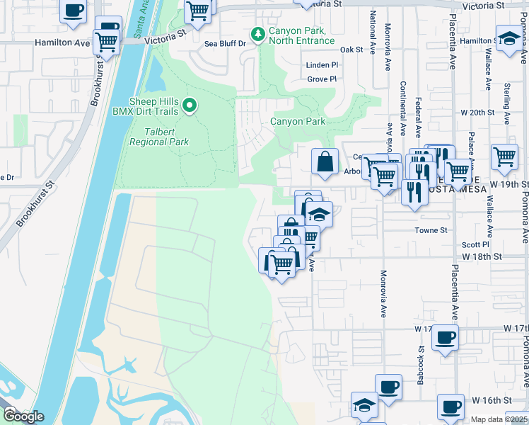 map of restaurants, bars, coffee shops, grocery stores, and more near 1868 Parkview Circle in Costa Mesa
