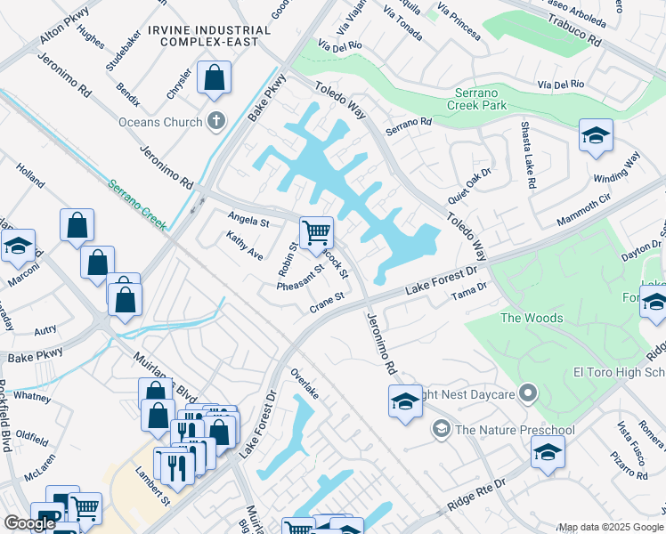 map of restaurants, bars, coffee shops, grocery stores, and more near 24422 Peacock Street in Lake Forest