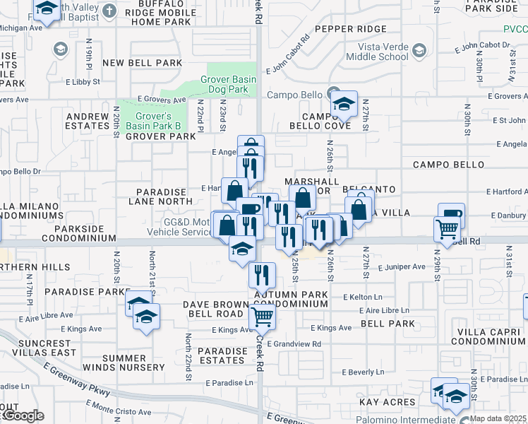 map of restaurants, bars, coffee shops, grocery stores, and more near 17037 North Cave Creek Road in Phoenix