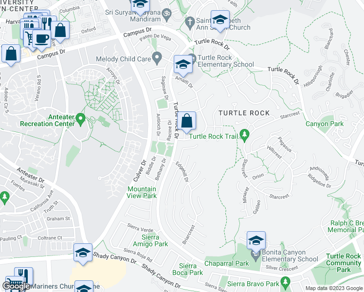 map of restaurants, bars, coffee shops, grocery stores, and more near 18981 Glenmont Terrace in Irvine