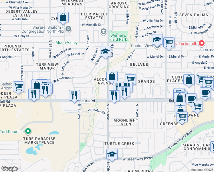 map of restaurants, bars, coffee shops, grocery stores, and more near 703 West Hartford Avenue in Phoenix
