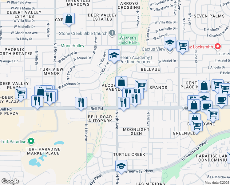 map of restaurants, bars, coffee shops, grocery stores, and more near 703 West Hartford Avenue in Phoenix