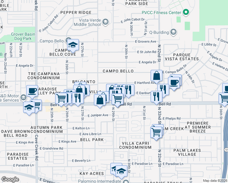 map of restaurants, bars, coffee shops, grocery stores, and more near 2906 East Danbury Road in Phoenix