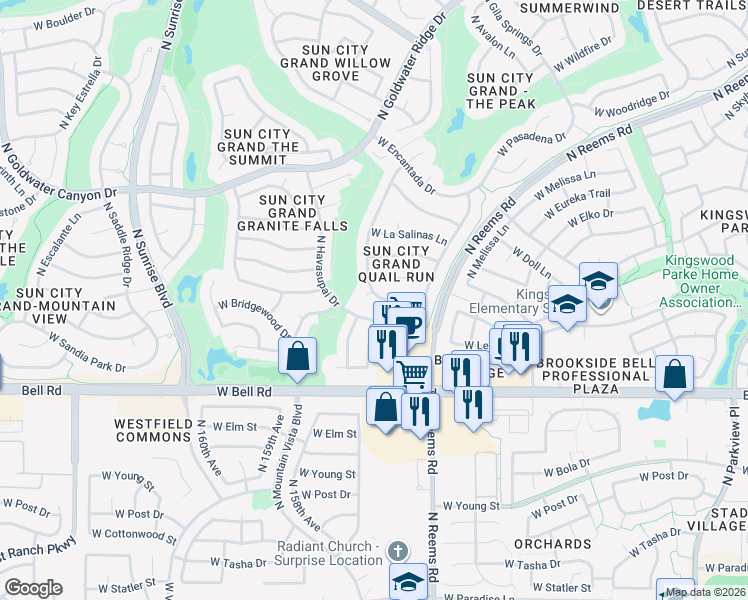 map of restaurants, bars, coffee shops, grocery stores, and more near 17362 North Stone Haven Drive in Surprise