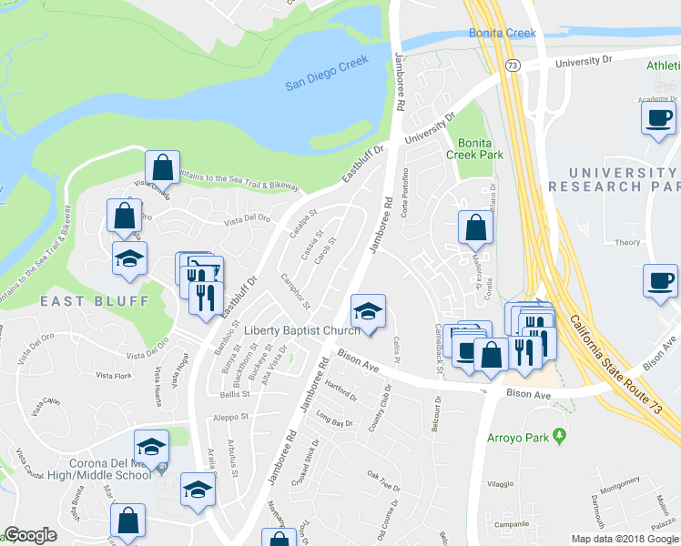 map of restaurants, bars, coffee shops, grocery stores, and more near 901 Celtis Place in Newport Beach