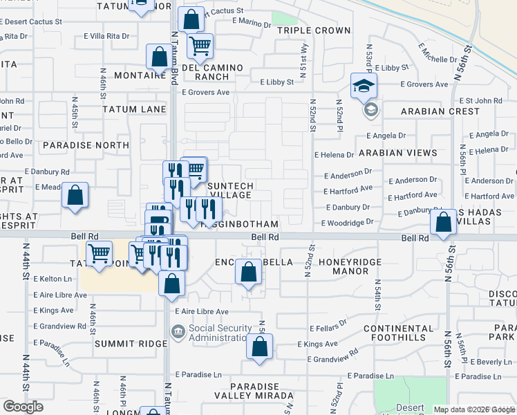map of restaurants, bars, coffee shops, grocery stores, and more near 50th Place in Scottsdale