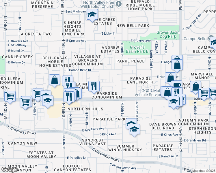 map of restaurants, bars, coffee shops, grocery stores, and more near 1920 East Bell Road in Phoenix