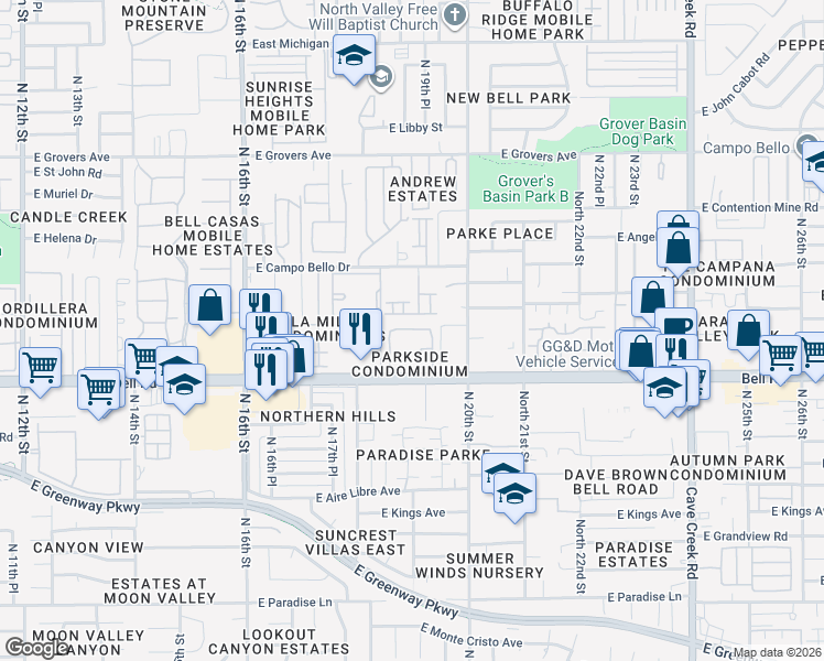 map of restaurants, bars, coffee shops, grocery stores, and more near 1920 East Bell Road in Phoenix