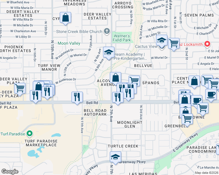 map of restaurants, bars, coffee shops, grocery stores, and more near 703 West Hartford Avenue in Phoenix