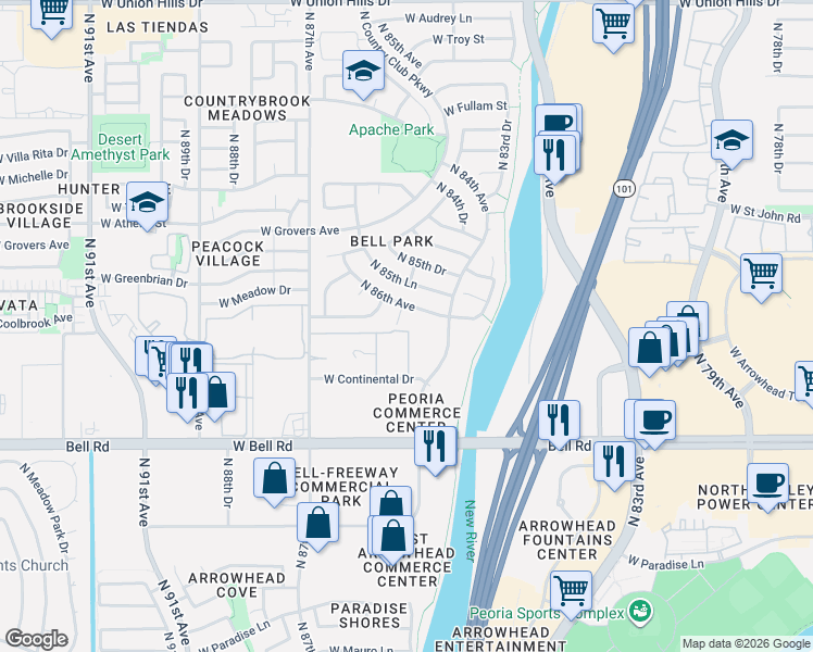 map of restaurants, bars, coffee shops, grocery stores, and more near 17420 North 86th Avenue in Peoria