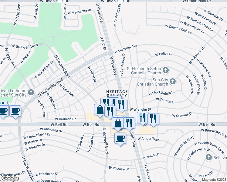 map of restaurants, bars, coffee shops, grocery stores, and more near 17404 North 99th Avenue in Sun City