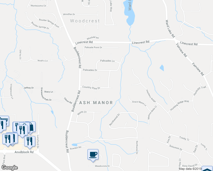 map of restaurants, bars, coffee shops, grocery stores, and more near 1236 Country Pine Drive in Ellenwood