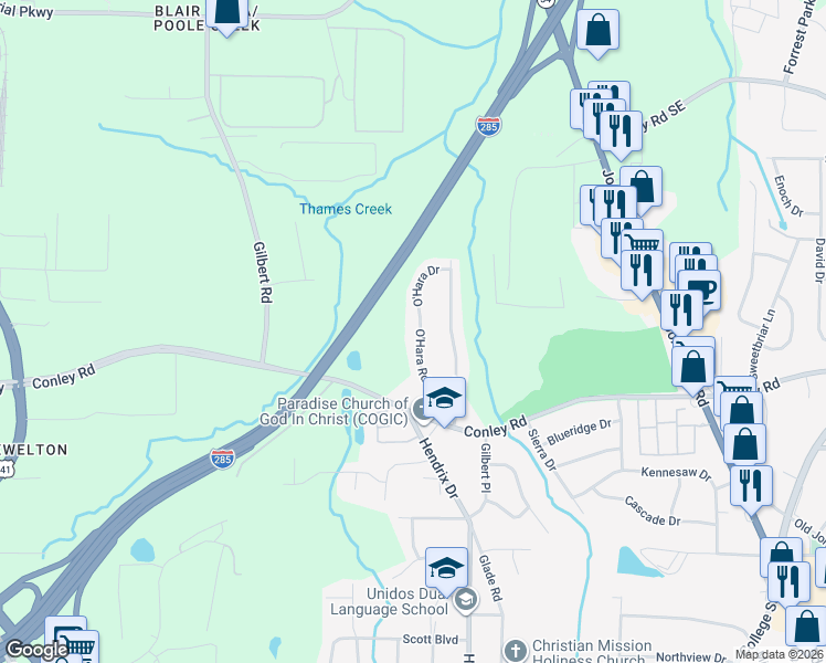 map of restaurants, bars, coffee shops, grocery stores, and more near 4128 O'Hara Road in Forest Park