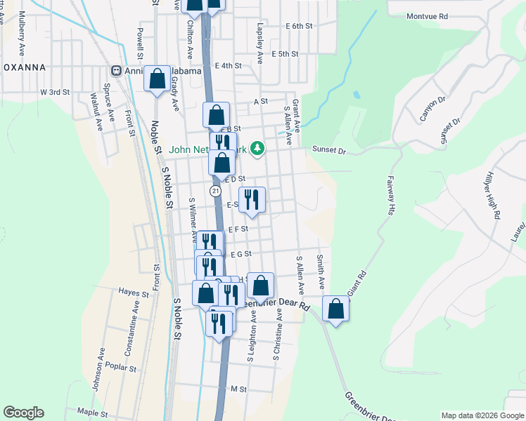 map of restaurants, bars, coffee shops, grocery stores, and more near 407 South Christine Avenue in Anniston