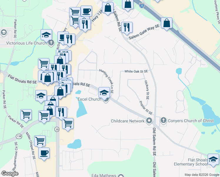 map of restaurants, bars, coffee shops, grocery stores, and more near 1793 Hunting Creek Lane Southeast in Conyers