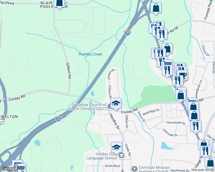 map of restaurants, bars, coffee shops, grocery stores, and more near 4128 O'Hara Road in Forest Park