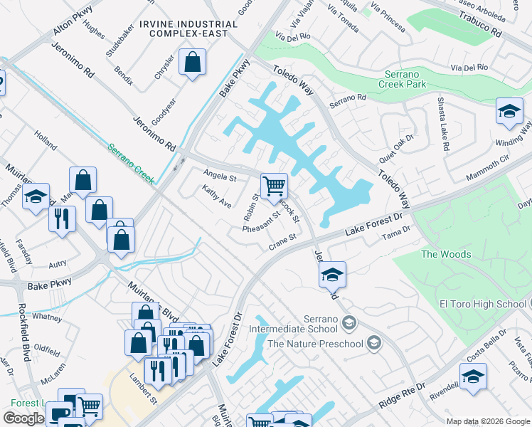 map of restaurants, bars, coffee shops, grocery stores, and more near 24342 Cardinal Place in Lake Forest