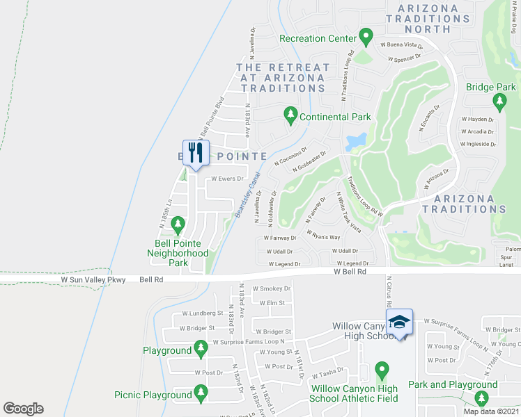map of restaurants, bars, coffee shops, grocery stores, and more near 17409 North Javelina Drive in Surprise