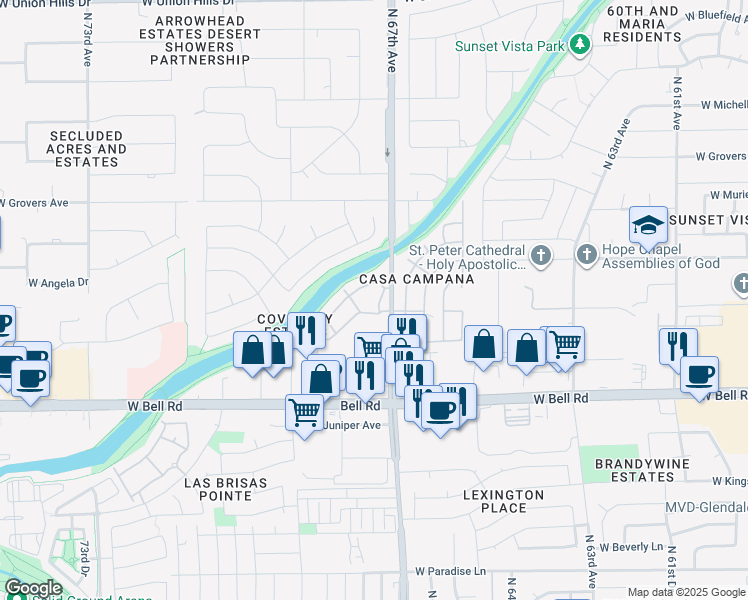 map of restaurants, bars, coffee shops, grocery stores, and more near 17500 North 67th Avenue in Glendale