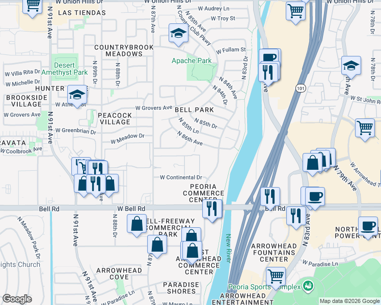 map of restaurants, bars, coffee shops, grocery stores, and more near 8628 West Village Drive in Peoria