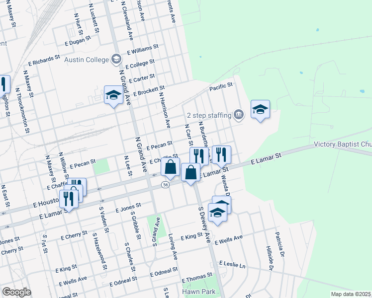 map of restaurants, bars, coffee shops, grocery stores, and more near 1723 Chaffin Street in Sherman