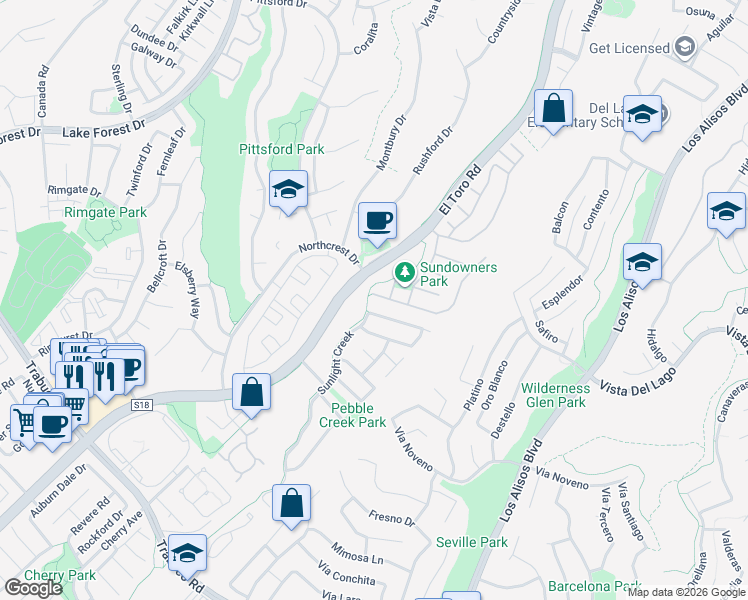 map of restaurants, bars, coffee shops, grocery stores, and more near 26512 Shane Drive in Lake Forest