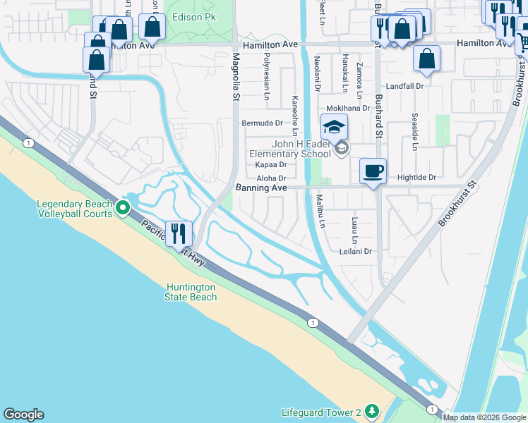 map of restaurants, bars, coffee shops, grocery stores, and more near 22081 Surfrider Lane in Huntington Beach