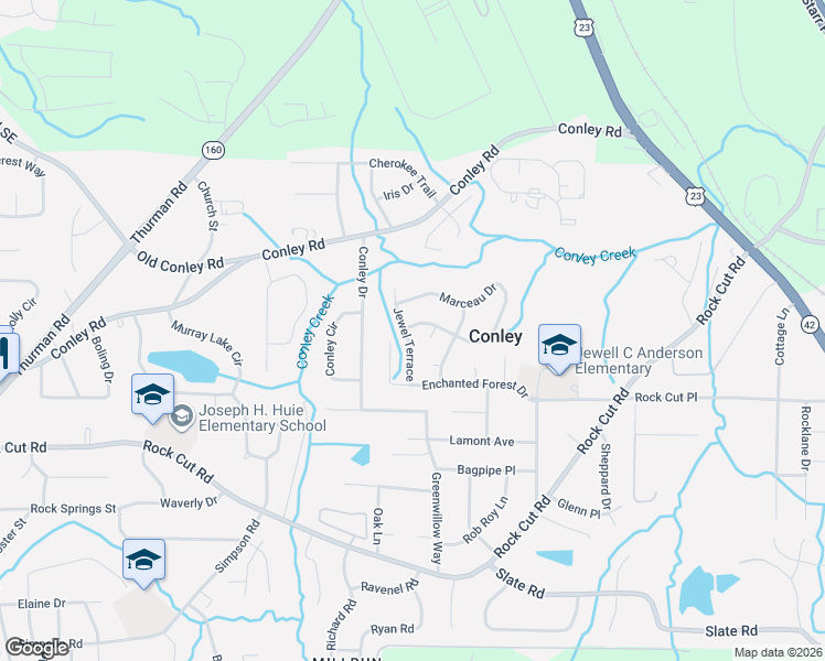 map of restaurants, bars, coffee shops, grocery stores, and more near 4124 Jewel Terrace in Conley