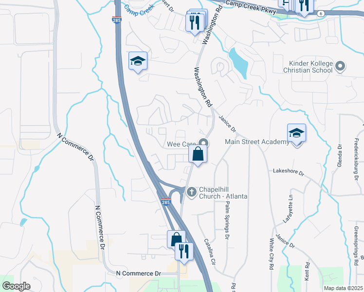 map of restaurants, bars, coffee shops, grocery stores, and more near 4275 High Park Lane in East Point