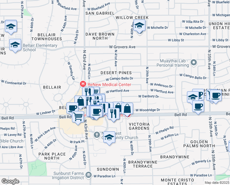 map of restaurants, bars, coffee shops, grocery stores, and more near 4119 W Hartford Ave in Glendale
