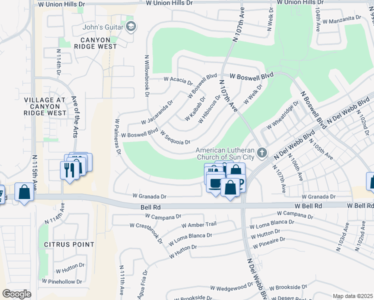 map of restaurants, bars, coffee shops, grocery stores, and more near 10838 West Welk Drive in Sun City