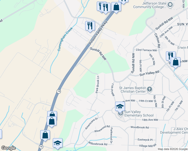 map of restaurants, bars, coffee shops, grocery stores, and more near 2128 Park Brook Lane in Birmingham