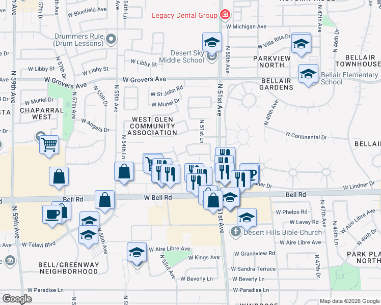 map of restaurants, bars, coffee shops, grocery stores, and more near 5220 West Hartford Avenue in Glendale