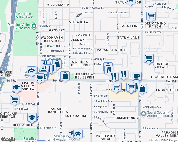 map of restaurants, bars, coffee shops, grocery stores, and more near 4365 East Coolbrook Avenue in Phoenix