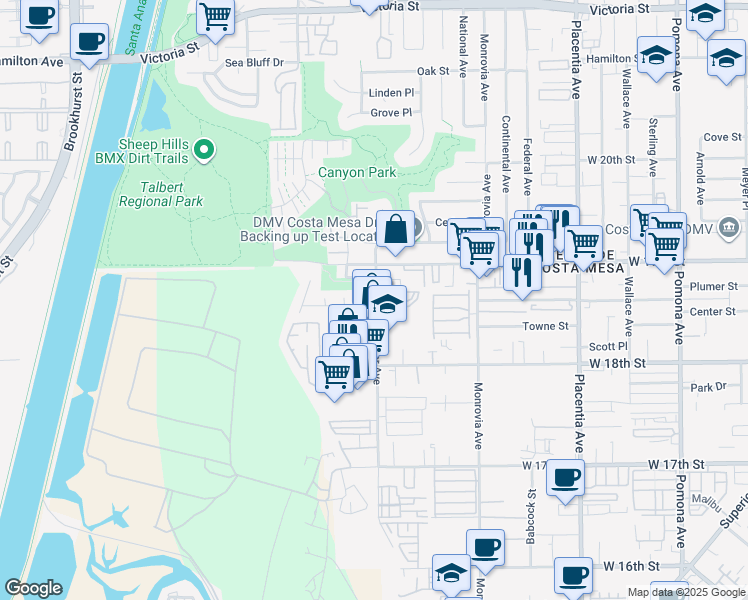 map of restaurants, bars, coffee shops, grocery stores, and more near 1859 Whittier Avenue in Costa Mesa