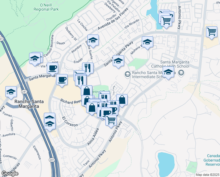 map of restaurants, bars, coffee shops, grocery stores, and more near 21 Paseo Brezo in Rancho Santa Margarita