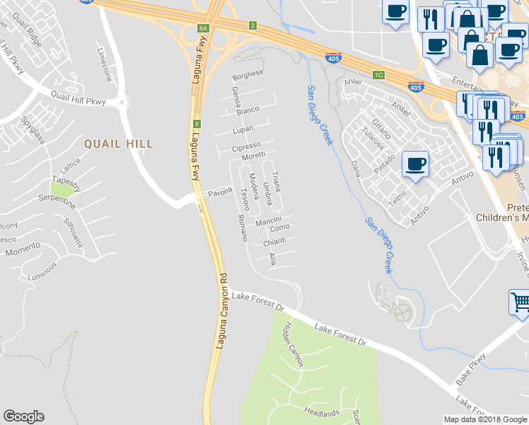 map of restaurants, bars, coffee shops, grocery stores, and more near 65 Modena in Irvine