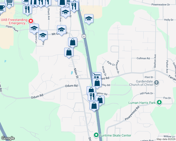 map of restaurants, bars, coffee shops, grocery stores, and more near 717 Highland Avenue in Gardendale