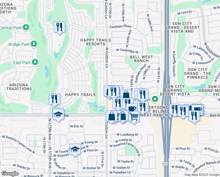 map of restaurants, bars, coffee shops, grocery stores, and more near 17344 North 170th Lane in Surprise