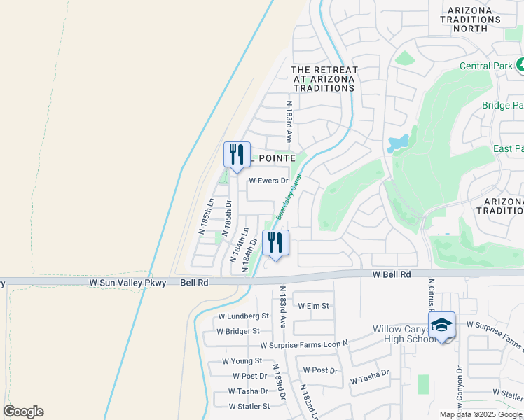 map of restaurants, bars, coffee shops, grocery stores, and more near 18402 West Dawn Drive in Surprise