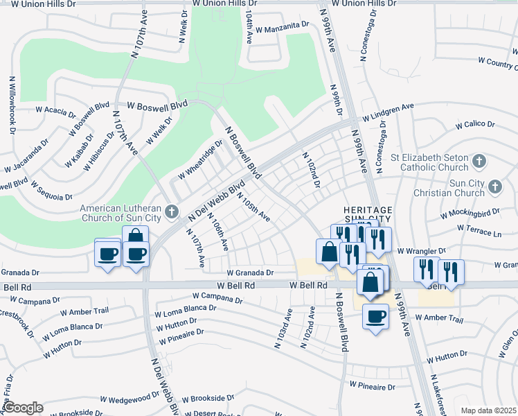 map of restaurants, bars, coffee shops, grocery stores, and more near 17401 North 105th Avenue in Sun City