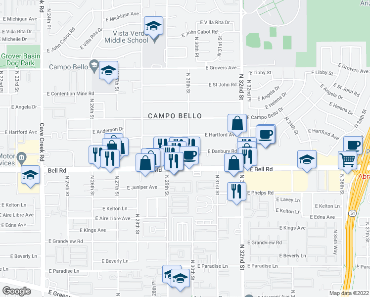map of restaurants, bars, coffee shops, grocery stores, and more near 17044 North 30th Street in Phoenix
