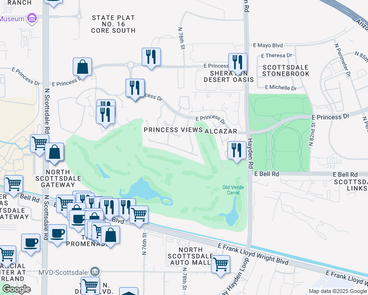 map of restaurants, bars, coffee shops, grocery stores, and more near 7736 East Hartford Drive in Scottsdale