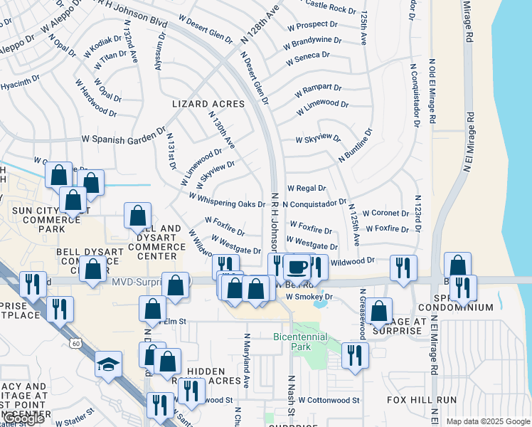 map of restaurants, bars, coffee shops, grocery stores, and more near 17223 North 130th Avenue in Sun City West