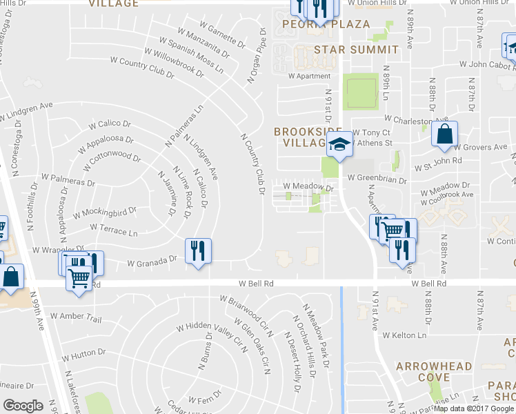 map of restaurants, bars, coffee shops, grocery stores, and more near 17402 North Country Club Drive in Sun City