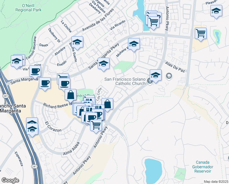 map of restaurants, bars, coffee shops, grocery stores, and more near 13 Vía Meseta in Rancho Santa Margarita