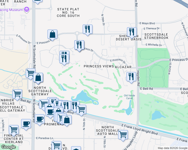 map of restaurants, bars, coffee shops, grocery stores, and more near 7677 E Hartford Dr in Scottsdale