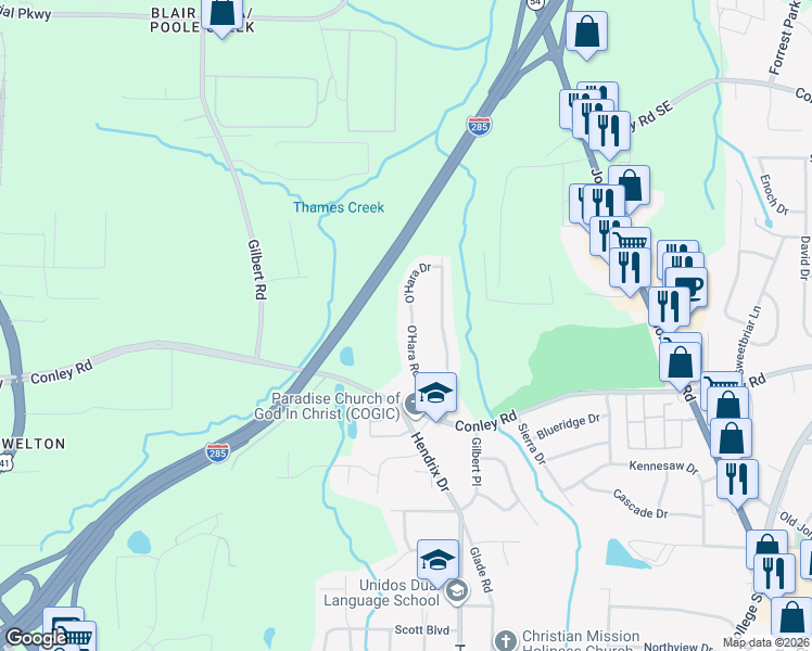 map of restaurants, bars, coffee shops, grocery stores, and more near 4128 O'Hara Road in Forest Park