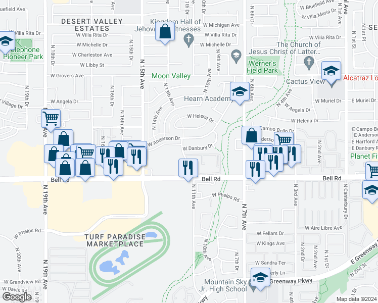 map of restaurants, bars, coffee shops, grocery stores, and more near 1025 West Danbury Drive in Phoenix