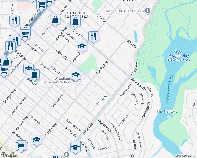 map of restaurants, bars, coffee shops, grocery stores, and more near 2427 Francisco Drive in Newport Beach